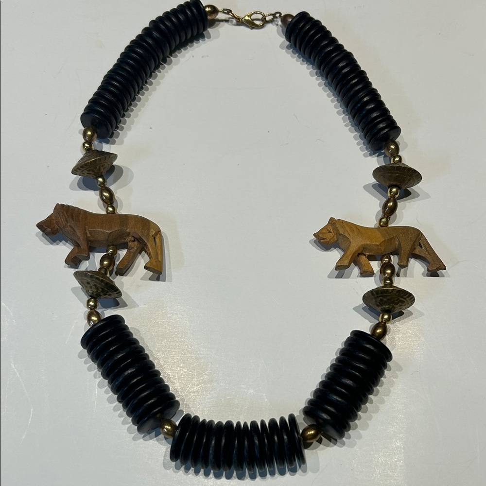 Vintage Black and Brown Lion Safari Inspired  21” Pendant Necklace